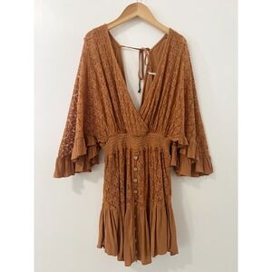 Free People Womens Dress Small Lace Ruffle Sleeve Mini Deep V Button Front